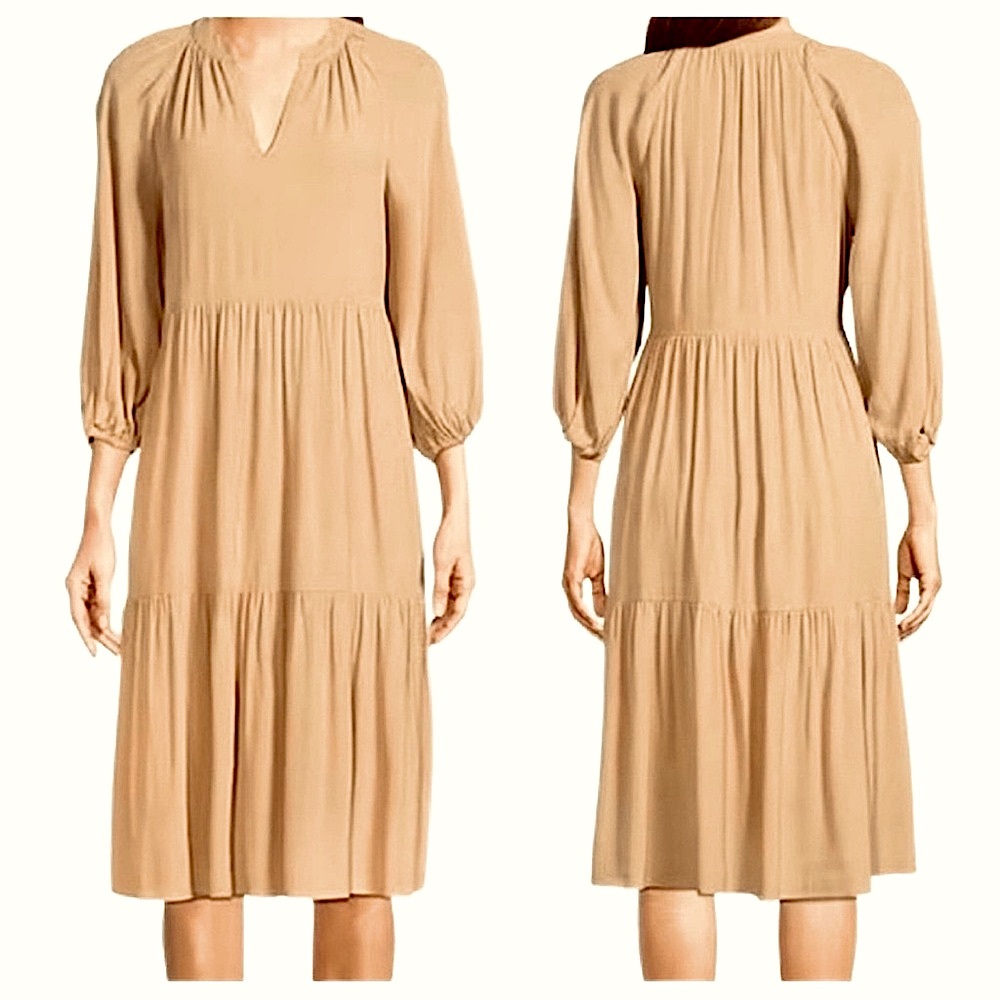 Gibson & Latimer | Peasant Split V-Neck Blouson Sleeve Tiered Hem Dress L Taupe